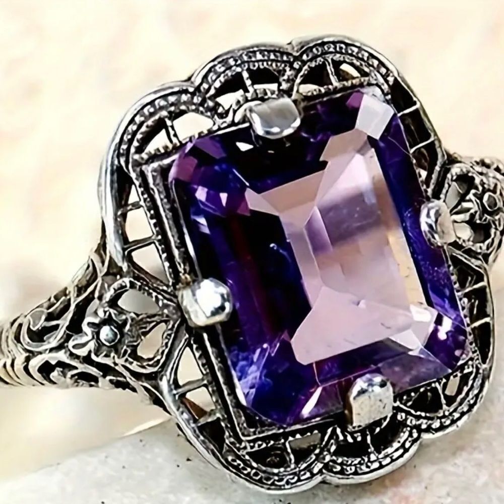 Gem Light Blue Zircon Fashion Princess Cut Faux Silver Rings Wedding